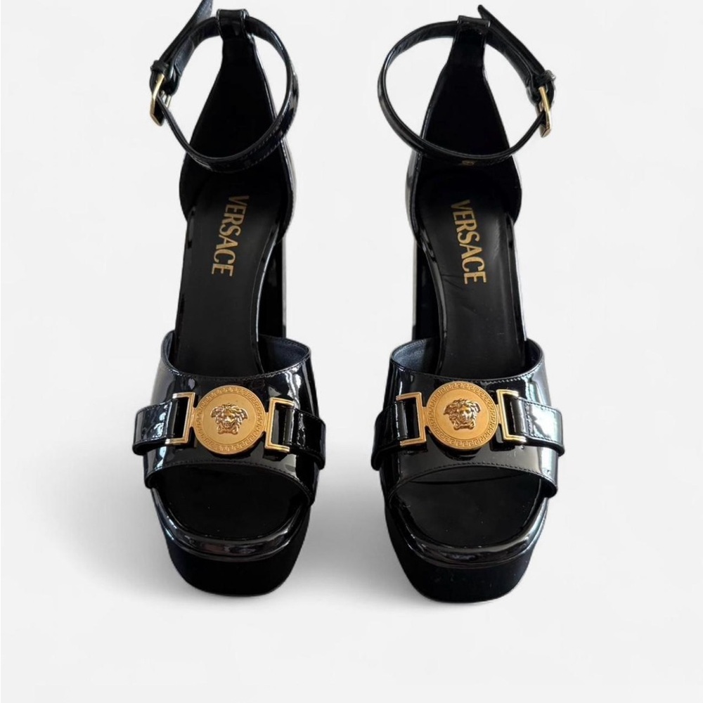 Versace Black Heels with Gold Medallion